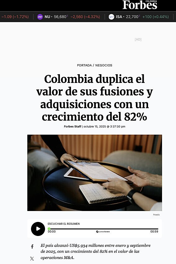 Colombia duplica el valor de sus fusiones y adquisiciones con un crecimiento del 82%